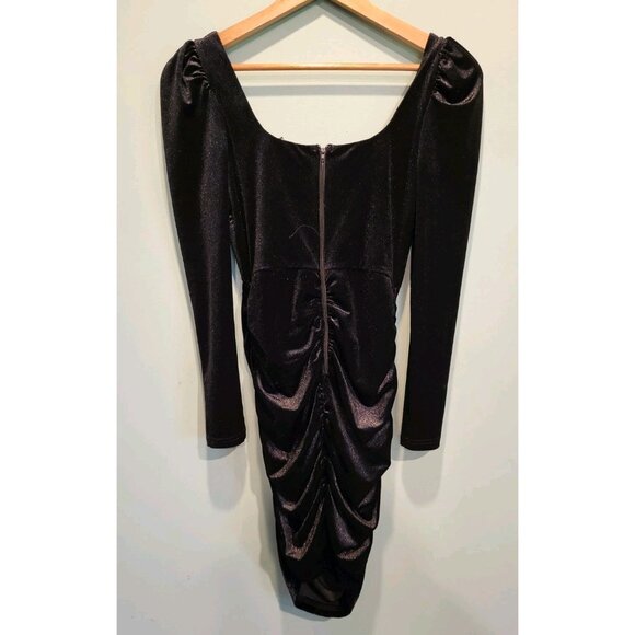 Black Stretch Velvet Long Sleeve Babydoll Ruched Bodycon Dress Witchy Vamp Sz S - Picture 4 of 7